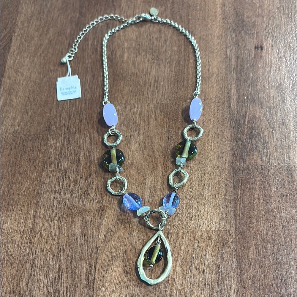 Lia Sophia Gold Necklace with Glass Beads and Teardrop Pendant